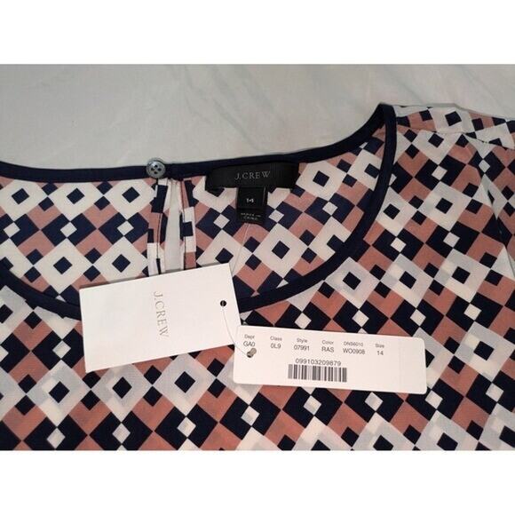 J. Crew 100% Silk Blouse Womens 14 Diamond Aztec Print Short Sleeve Round Neck‎ - Picture 5 of 8